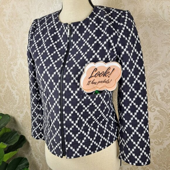 Ann Taylor Size 2P Black White Diamond Pattern Blazer Zip Front 2 Slip Pockets - Picture 4 of 12